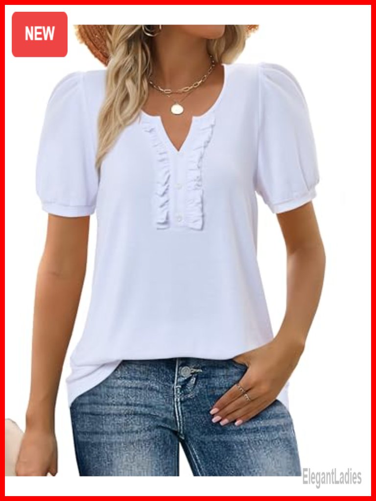 Ruffle V Neck Peasant Blouse Puff Short Sleeve Tunic Dressy Casual Boho Top